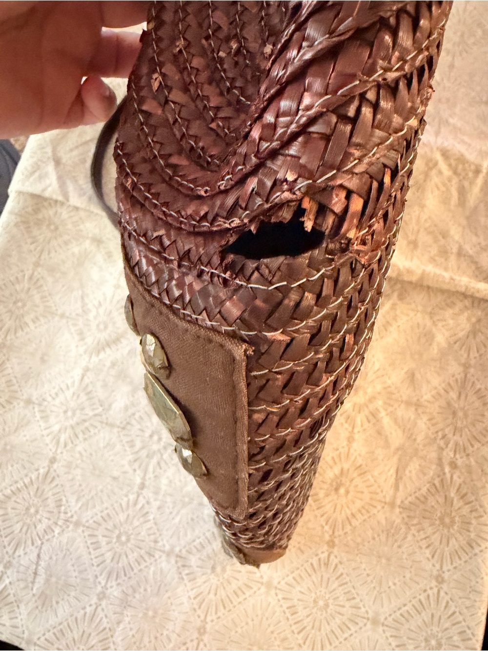 Woven Straw Tote Bag with Gold Stud Accents - Brown - Picture 3 of 4